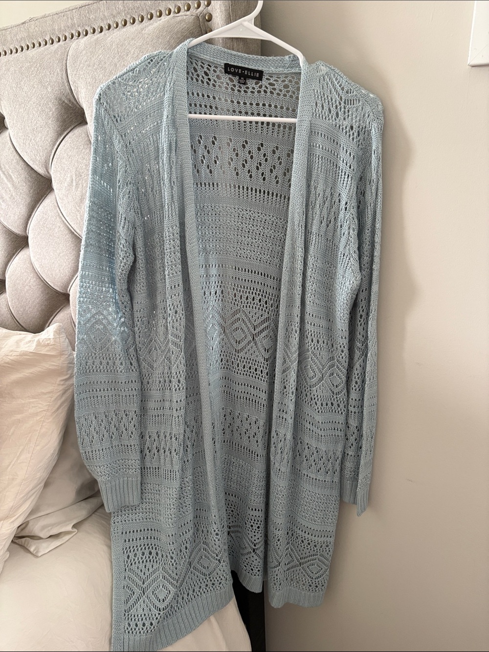 Love Ellie Pale Blue Open-Front Crochet Cardigan